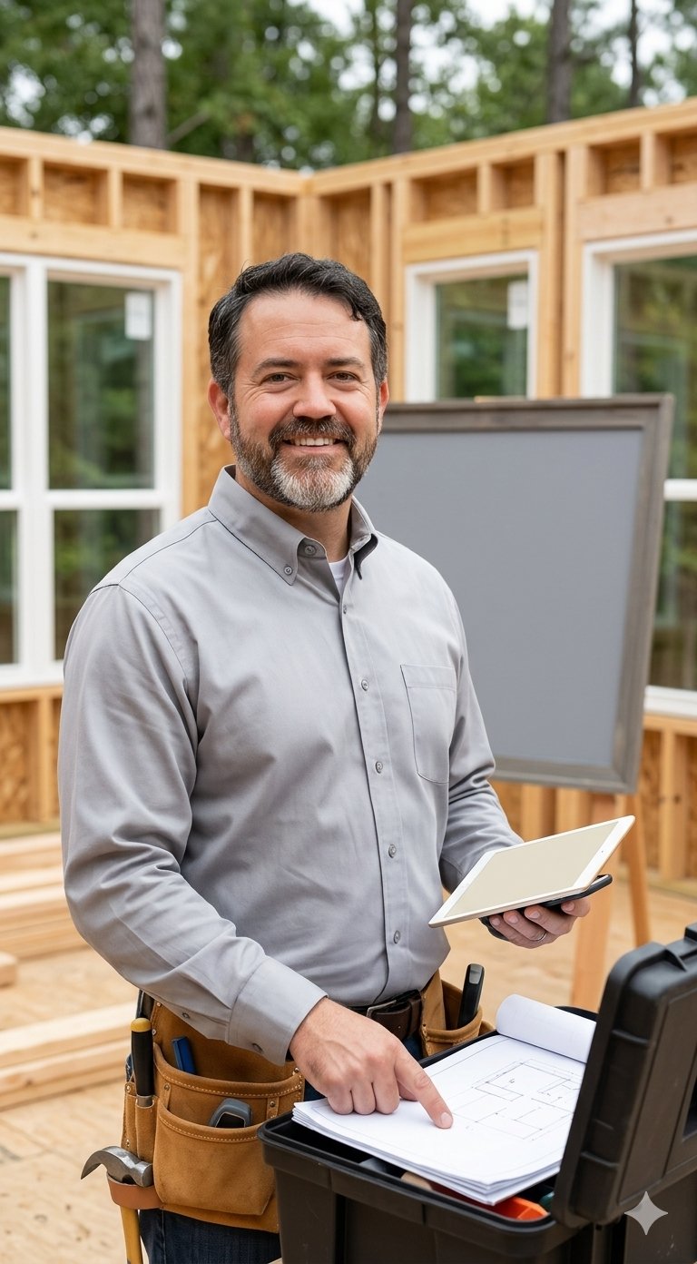 Build-Pro owner on a residential job site reviewing plans with a crew member