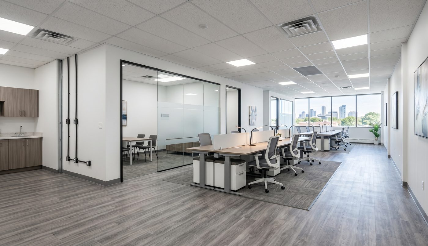 Modern open-plan office with glass meeting room and city view