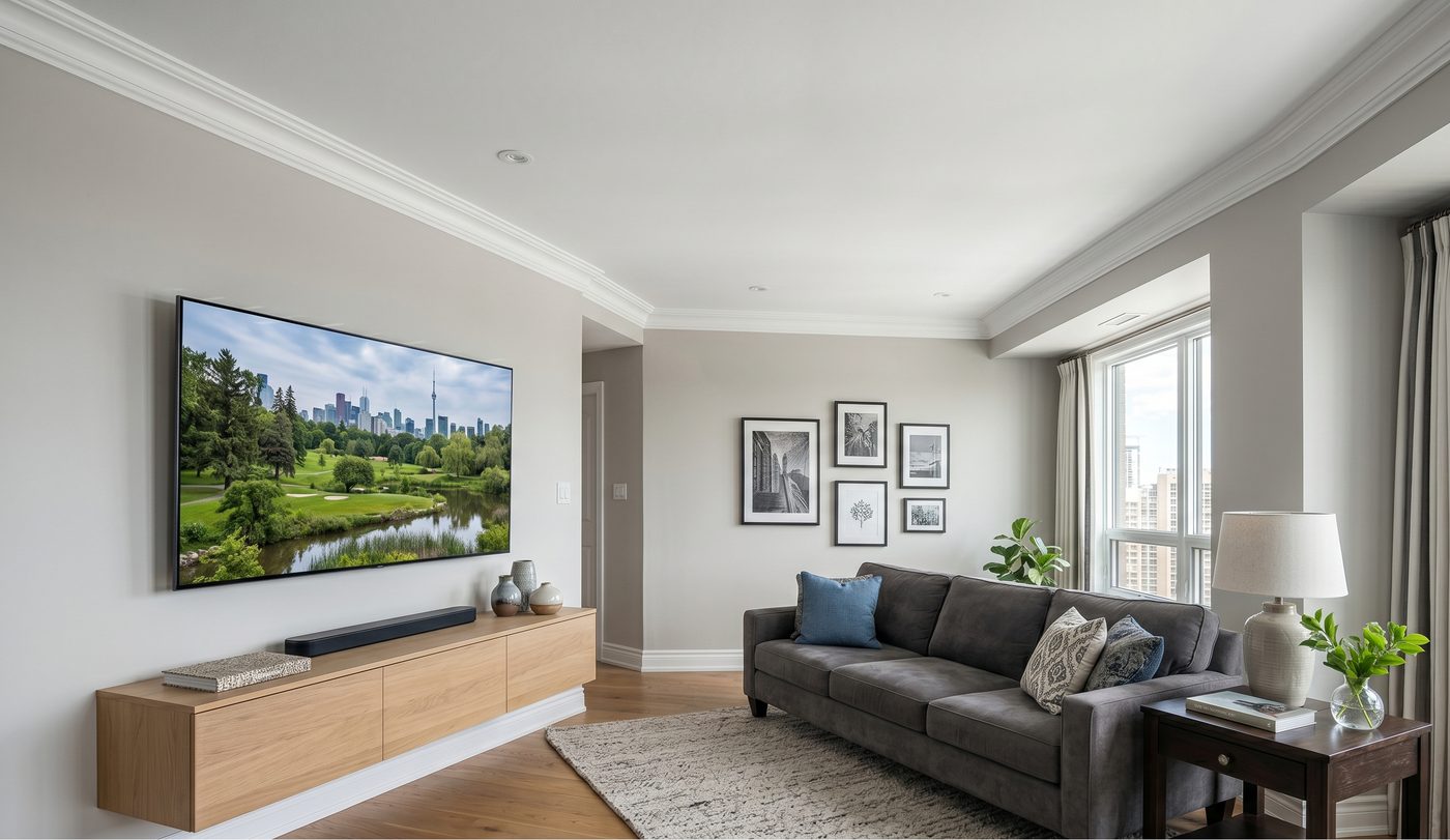 Modern Toronto condo living room with downtown skyline view